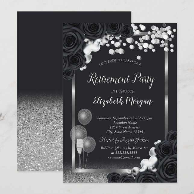 Invitation Chic Black Rose Vin Verre Ballons Retrait (Devant / Derrière)