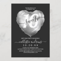 Chic Black Silver Foil Coeur Balloon Sweet 16