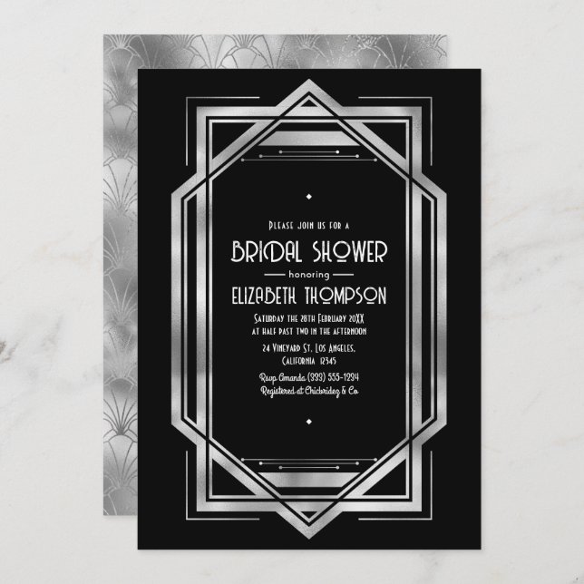 Invitation Chic Black & Silver Gatsby Art Deco Bridal Shower (Devant / Derrière)