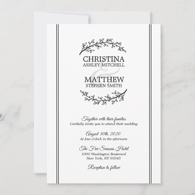 Invitation Chic Black White Laurel Branches de courroie MARIA (Devant)