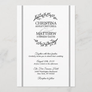 Invitation Chic Black White Laurel Branches de courroie MARIA