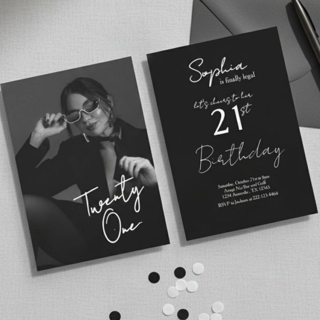 Invitation Chic Black & White Modern21st Photo Birthday (Créateur téléchargé)