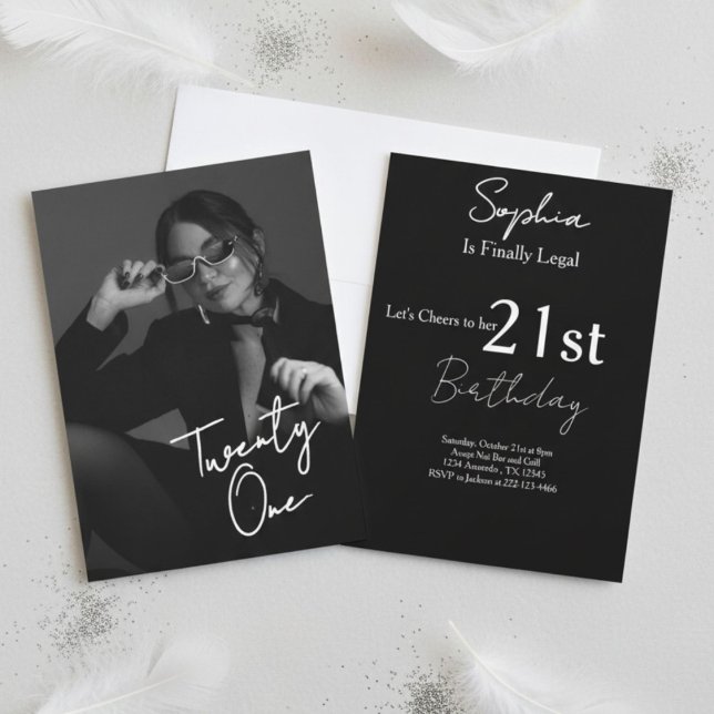 Invitation Chic Black & White Modern21st Photo Birthday (Créateur téléchargé)