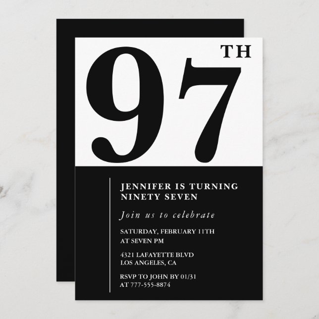 Invitation Chic Black White pour son 97e anniversaire (Devant / Derrière)