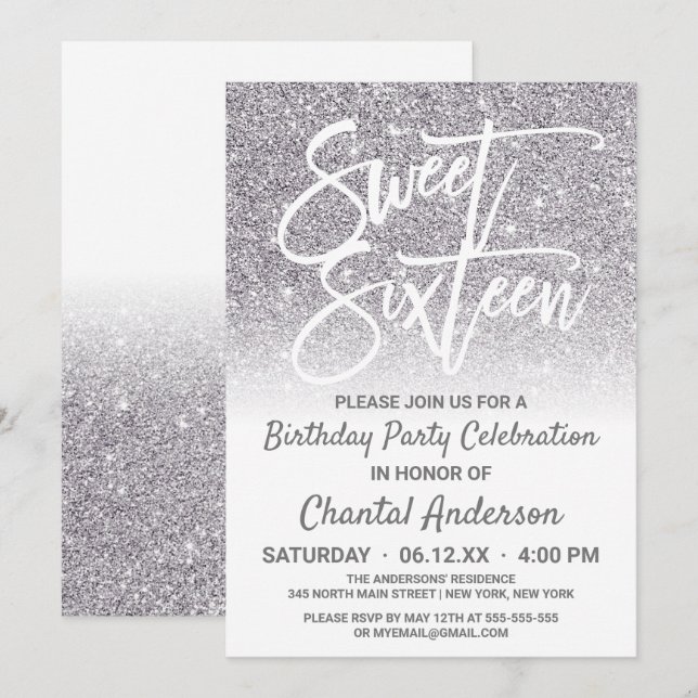 Invitation Chic blanc argent Faux Parties scintillant Ombre S (Devant / Derrière)