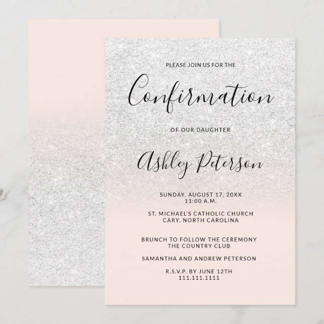 Invitation Chic blanc faux parties scintillant rose ombre con (Devant / Derrière)