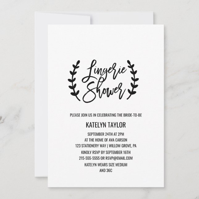 Invitation Chic Blanc Noir Branches Olive Lingerie Douche (Devant)