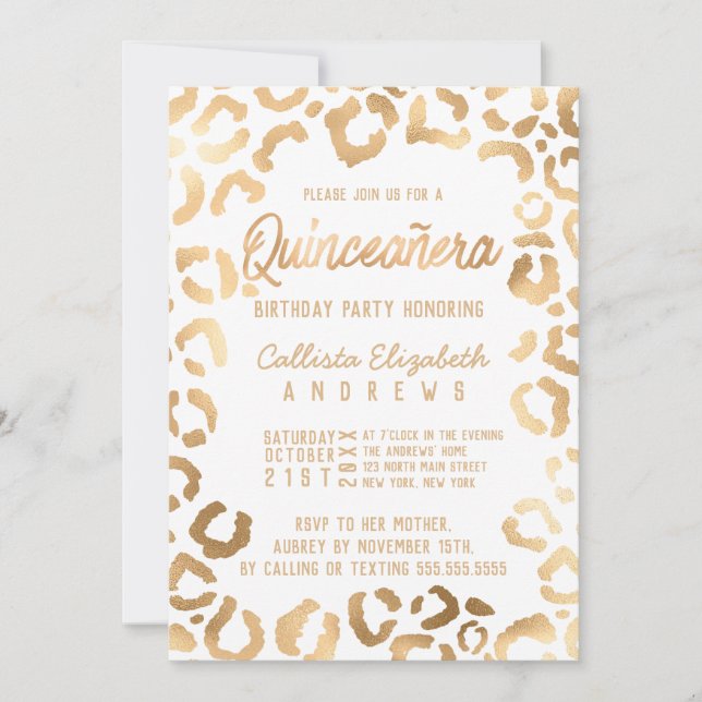 Invitation Chic Blanc Or Cheetah Leopard Quinceañera (Devant)