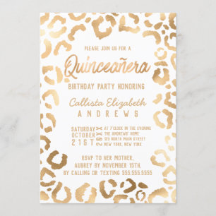 Invitation Chic Blanc Or Cheetah Leopard Quinceañera