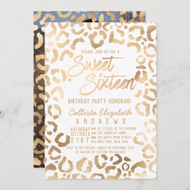 Invitation Chic Blanc Or Cheetah Leopard Sweet 16 Photo (Devant / Derrière)