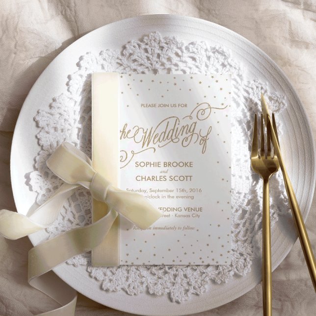 Invitation Chic blanc & or Confetti Stars Script Mariage (Créateur téléchargé)