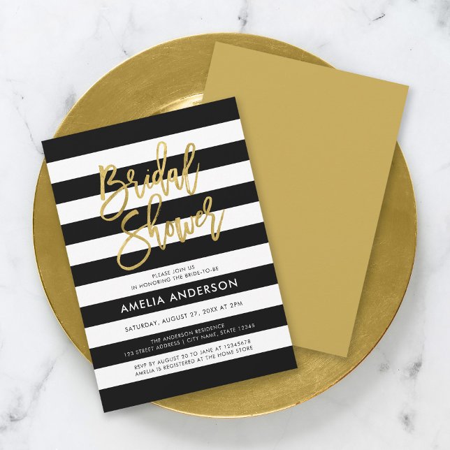Invitation Chic Blancs et Noirs Faux Fête des mariées Or (Créateur téléchargé)