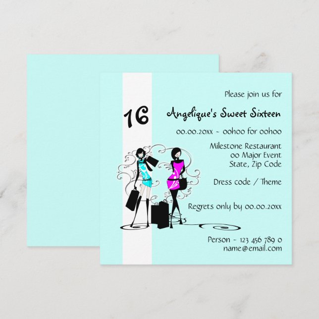 Invitation Chic bleu du mannequin | de sweet sixteen de (Devant / Derrière)