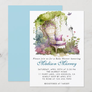 Invitation Chic bleu et violet Chaise de jardin florale Baby
