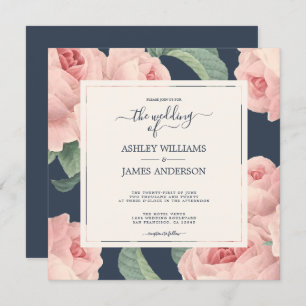 Invitation Chic bleu foncé rose rose rose Vintage Mariage