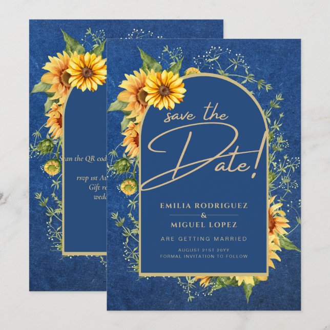 Invitation Chic Bleu Jaune Mariage All-in-1 (Devant / Derrière)