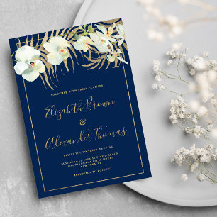 Invitation Chic bleu marine or élégant orchidée mariage flora