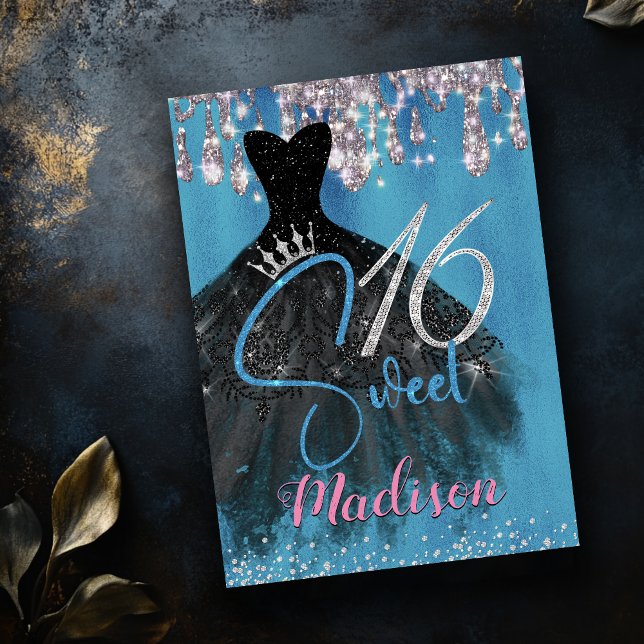 Invitation Chic Bleu parties scintillant argent gouttes doux  (Créateur téléchargé)