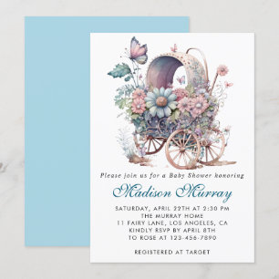 Invitation Chic Bleu & Rose Floral Chariot De Poussette Bébé 