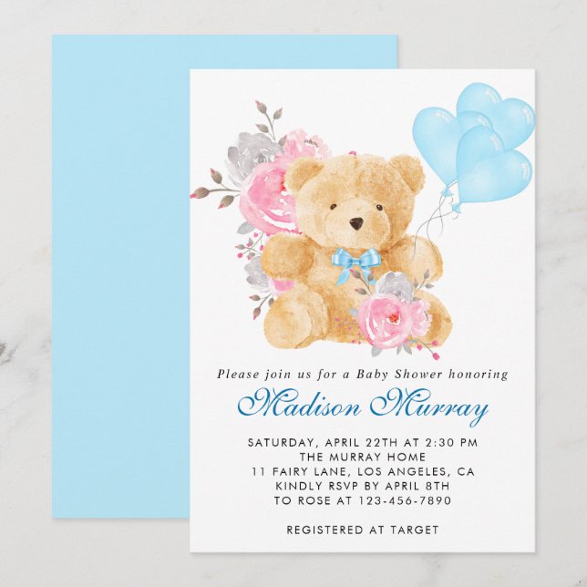 Invitation Chic bleu rose gris floral Baby shower Ours en Ted (Devant / Derrière)