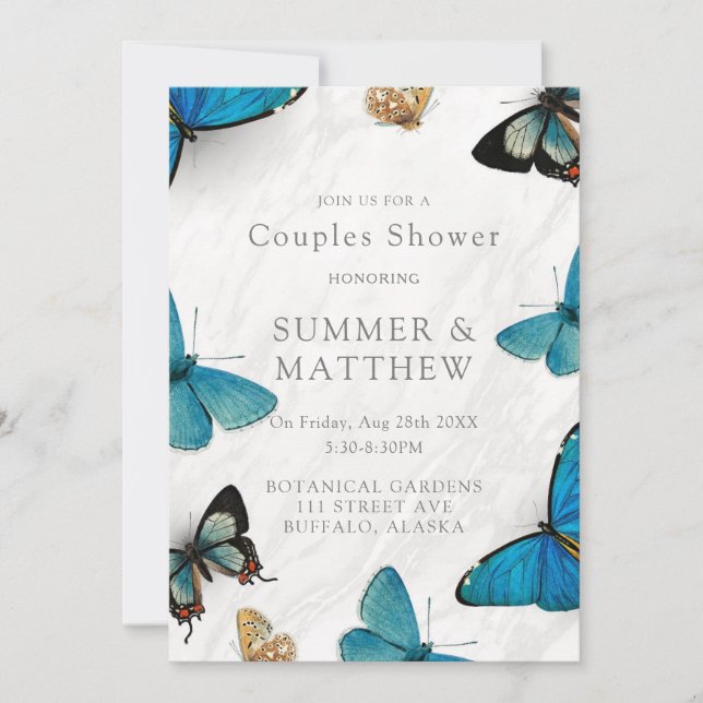 Invitation Chic bleu Turquoise Aquarelle Papillon Couples Dou (Devant)