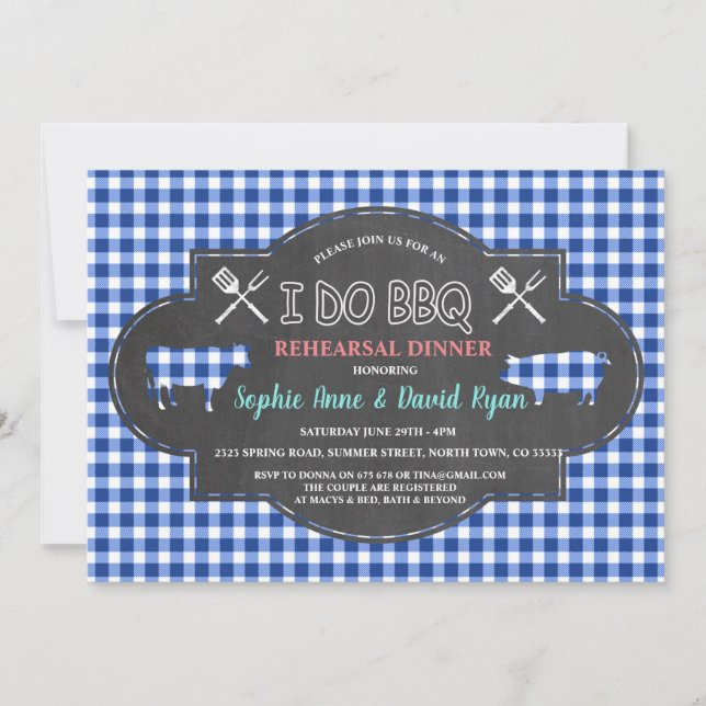 Invitation Chic Blue En vichy Chalk I DO BBQ Répétition Dîner (Devant)