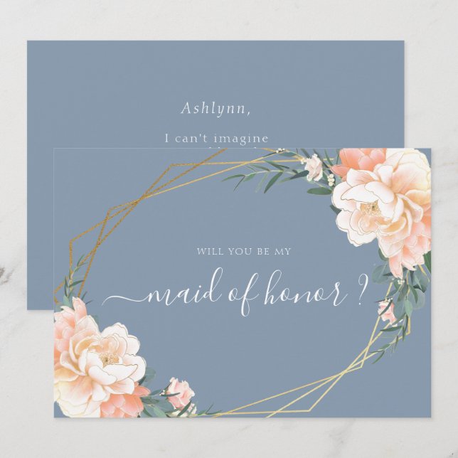 Invitation Chic Blue Floral Gold vous serez ma femme d'honneu (Devant / Derrière)
