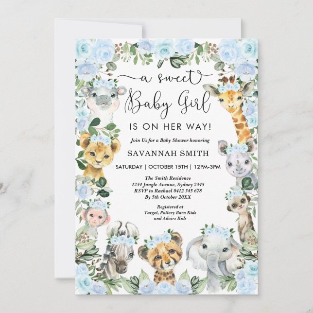 Invitation Chic Blue Floral Safari Animaux Fille Baby shower (Devant)