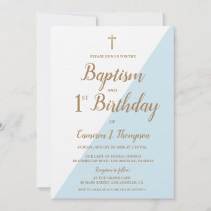 Invitation Chic Blue Gold Cross Baptême et 1er anniversaire