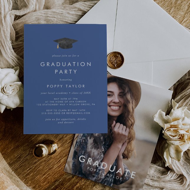 Invitation Chic Blue Grad Casquette Photo Graduation Party (Créateur téléchargé)