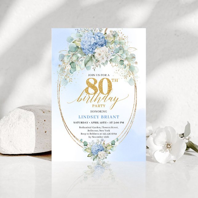 Invitation Chic Blue Hydrangea Eucalyptus 80th Birthday Invit (Chic Blue Hydrangea Eucalyptus 80th Birthday Invitation)