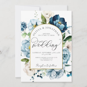 Invitation Chic Blue Navy tout en 1 Budget QR Code Mariage