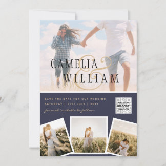 Invitation Chic Blue Photo Wedding Inviter QR Code Enregistre