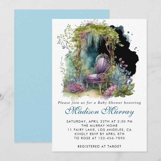 Invitation Chic Blue & Purple Floral Garden Chaise Baby showe (Devant / Derrière)