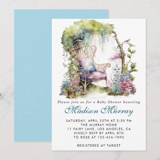 Invitation Chic Blue & Purple Floral Garden Chaise Baby showe (Devant / Derrière)