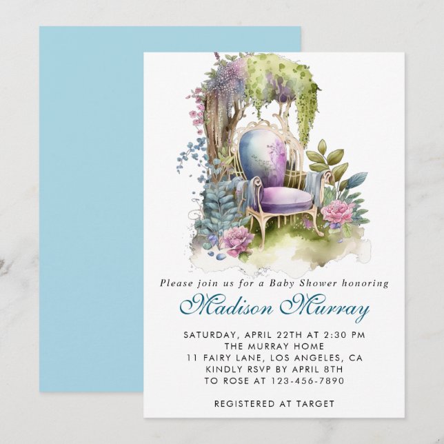 Invitation Chic Blue & Purple Floral Garden Chaise Baby showe (Devant / Derrière)