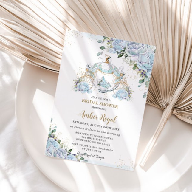 Invitation Chic Blue Roses Princess Carriage Fête des mariées (Créateur téléchargé)