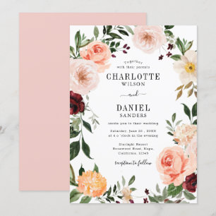 Invitation Chic Blush & Burgundy Floral Frame Mariage