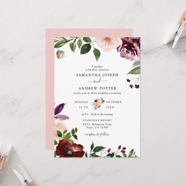 Invitation Chic Blush et Bourgogne Floral Mariage (Devant/Arrière en situation)