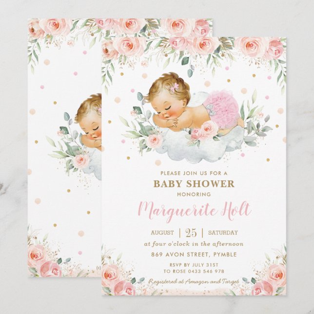 Invitation Chic Blush Floral Doux dormant bébé fille douche  (Devant / Derrière)