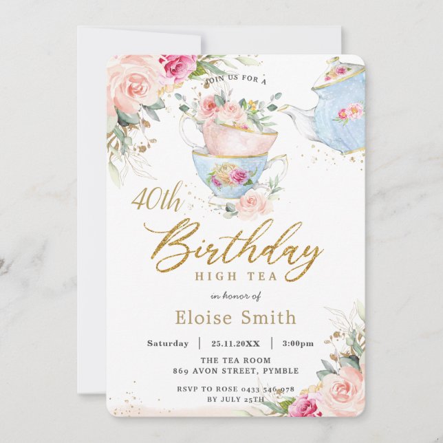 Invitation Chic Blush Floral High Tea Anniversaire Fête TOUT  (Devant)