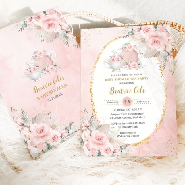 Invitation Chic Blush Floral Pampas Tea Party Baby shower (Créateur téléchargé)