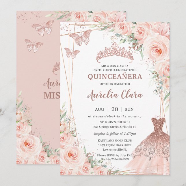 Invitation Chic Blush Floral Rose Gold robe Gown Quinceañera (Devant / Derrière)