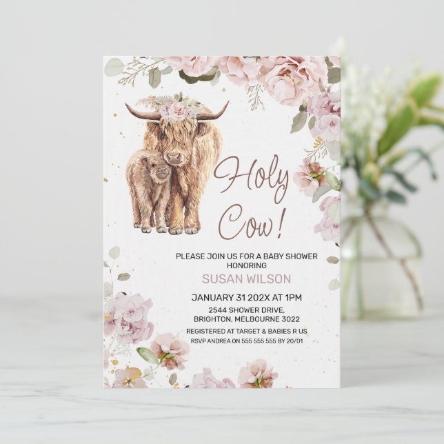 Invitation Chic Blush Floral Vache and Calf Baby shower (Debout devant)