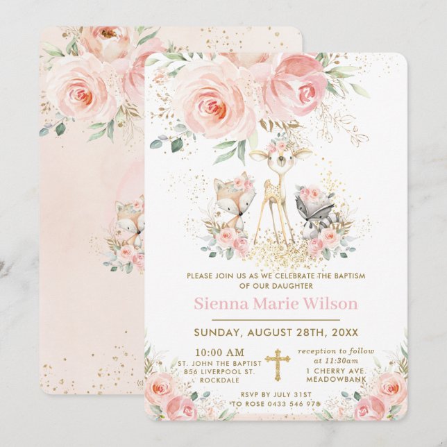 Invitation Chic Blush Floral Woodland Baptême Christening (Devant / Derrière)
