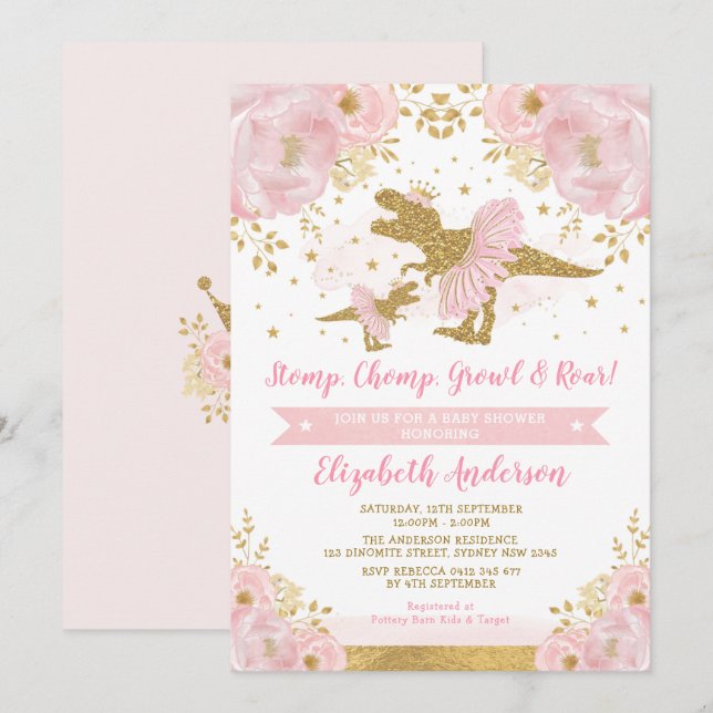 Invitation Chic Blush Gold Floral Dinosaur Girl Baby shower (Devant / Derrière)
