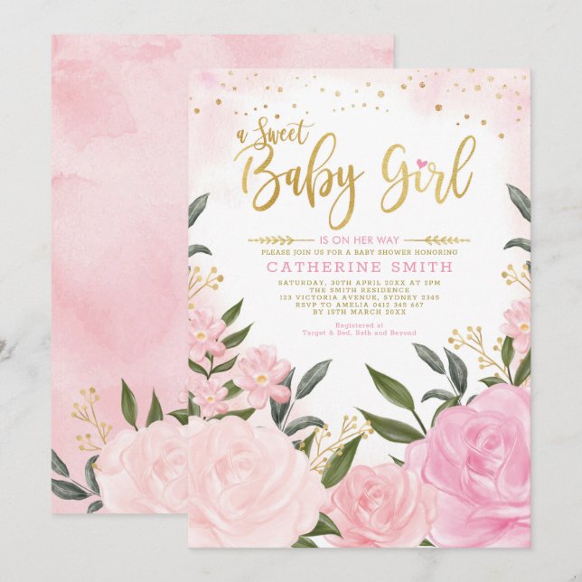 Invitation Chic Blush Gold Garden Floral Rose Baby shower (Devant / Derrière)