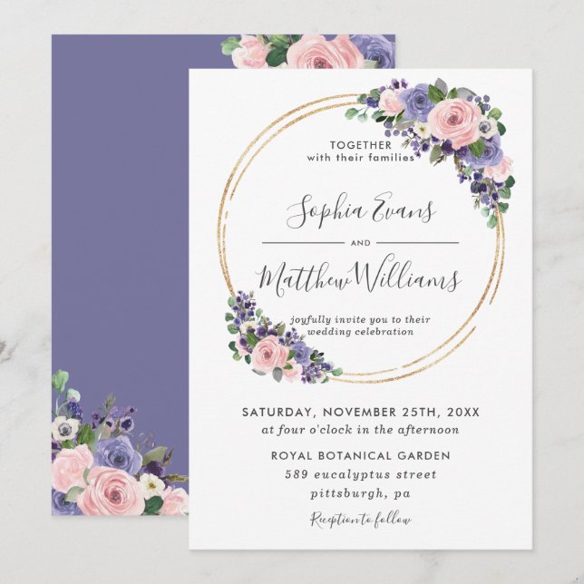 Invitation Chic Blush Lavender Purple Floral Mariage or (Devant / Derrière)