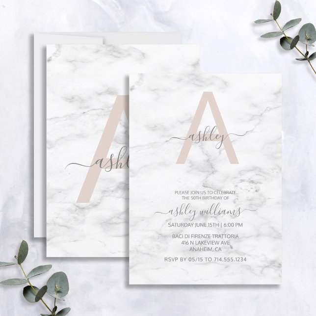 Invitation Chic Blush Marbre blanc rose Monogramme Anniversai (Créateur téléchargé)