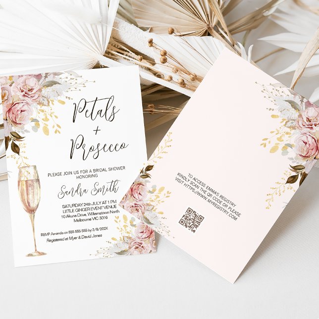 Invitation Chic Blush Petals Prosecco QR Code Fête des mariée (Chic blush and gold floral petal and prosecco bridal shower invitation with message and QR code.)